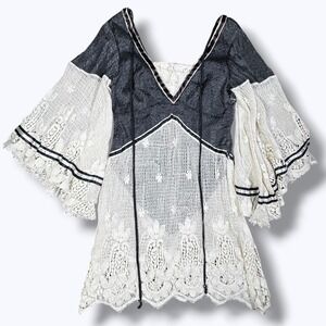 Boho Crochet Lace Bell Sleeve Festival Dress XS-S Cream White Summer Hippie